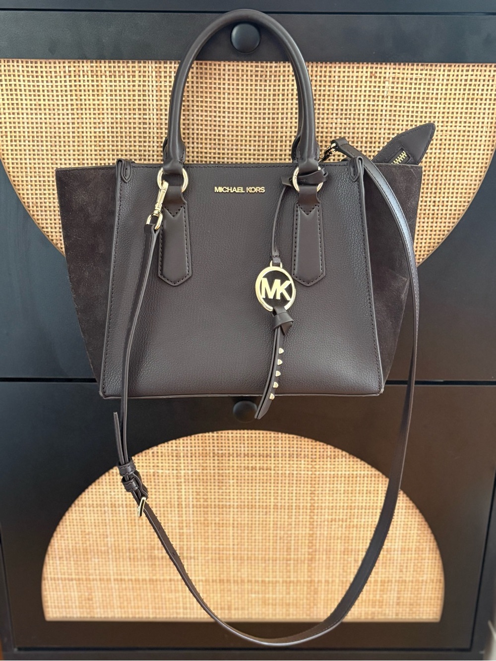 AUTHENTIC Michael Kors Brown Saffiano Leather and Suede Satchel Crossbody Bag